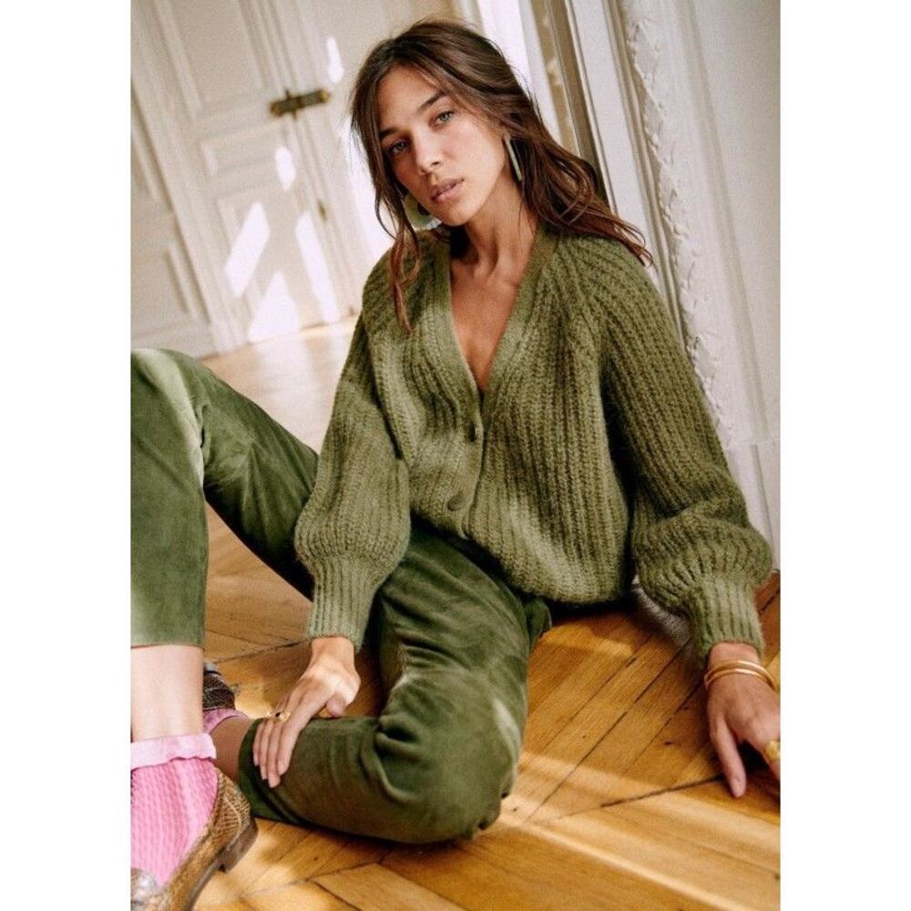 Sezane Basile Cardigan XXS Sage Green Alpaca Wool Knit Sweater